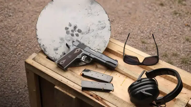 Pistola 1911 Garrison Target com carregadores, óculos e alvo metálico perfurado.