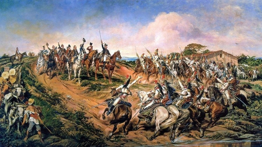 Pintura histórica Independência ou Morte retrata Dom Pedro e sua comitiva às margens do Ipiranga.