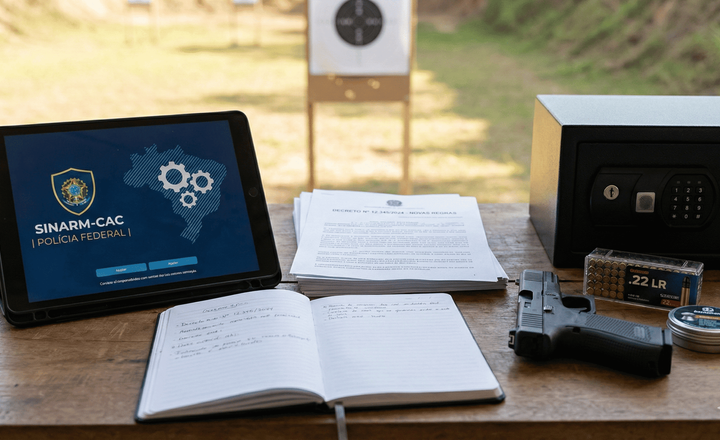 Mesa com tablet do Sinarm-CAC, documentos, cofre, pistola e munição.