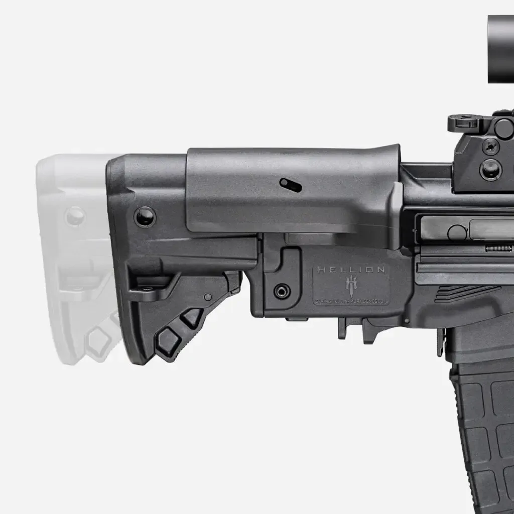 Detalhe da coronha ajustável de um fuzil Springfield Armory Hellion.