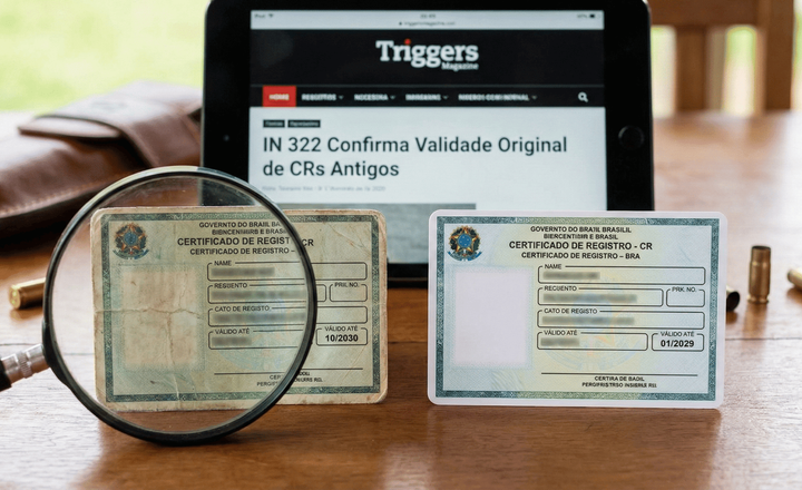 Certificados de registro antigos vistos por lupa diante de tela do portal Triggers.