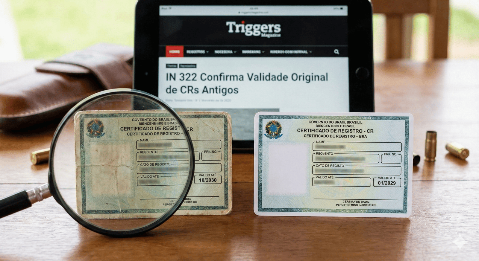 Certificados de registro antigos vistos por lupa diante de tela do portal Triggers.