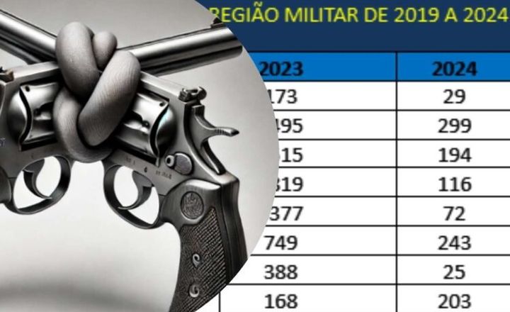 Dois revólveres com um nó nos canos diante de tabela de registros militares.