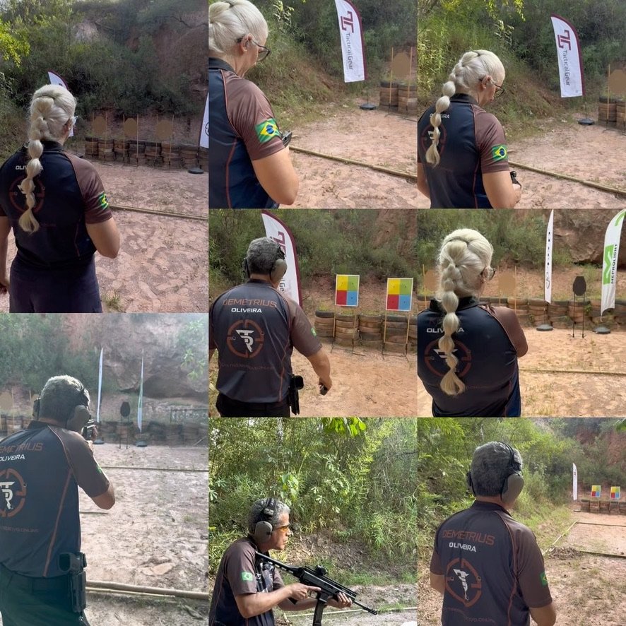Montagem reúne cenas de uma atiradora percorrendo pista de tiro prático.