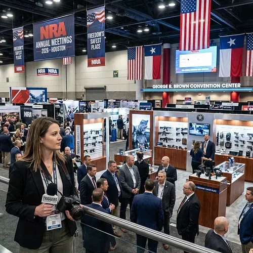 Pavilhão movimentado do NRA Annual Meetings com bandeiras americanas e do Texas.