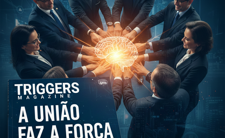 Arte editorial da Triggers Magazine mostra executivos unindo as mãos.