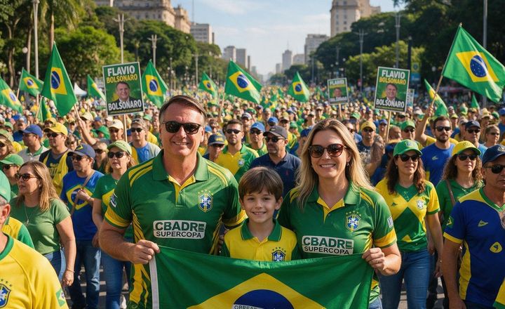 Manifestantes vestidos de verde e amarelo carregam bandeiras do Brasil em uma avenida.