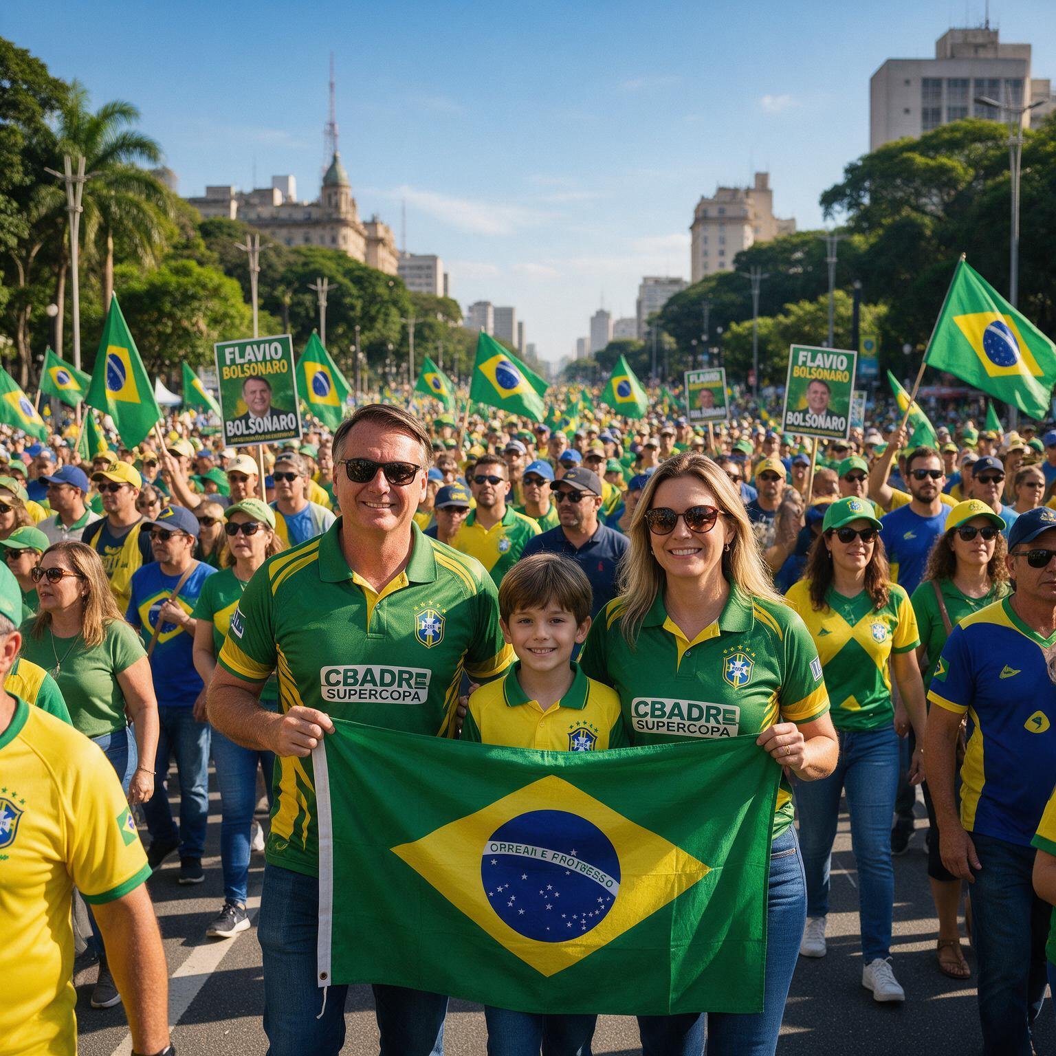 Manifestantes vestidos de verde e amarelo carregam bandeiras do Brasil em uma avenida.