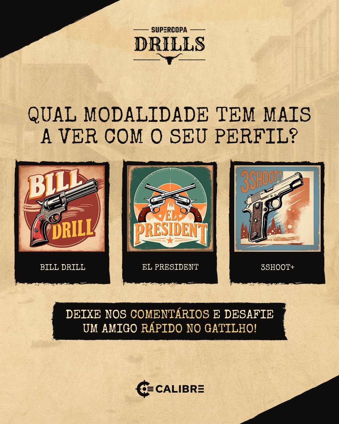 Arte interativa da Calibre pergunta qual modalidade de tiro combina com o perfil do leitor.